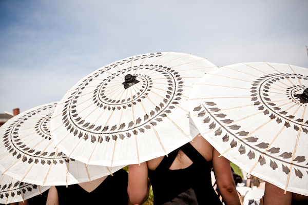 bridesmaids holding cute white and black opened parasols - photo by North Carolina based wedding photographers Cunningham Photo Artists
